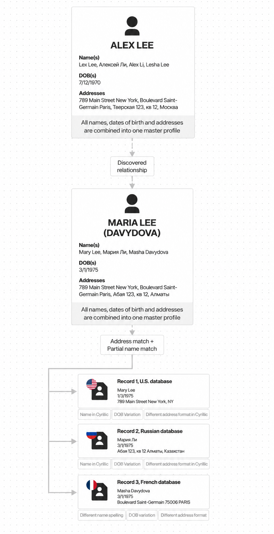 Two profiles (Alex Lee, Maria Lee/Davydova) resolved across US, Russian, and French databases, with a discovered relationship from address match and partial name match